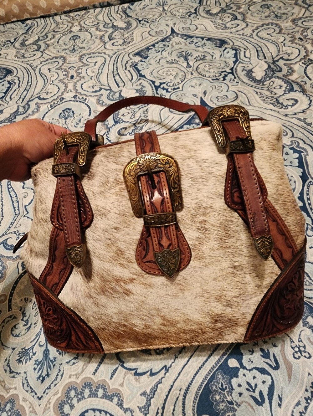 American Darling Brown Haircalf Tote with Tooled Leather Trim - Picture 12 of 16